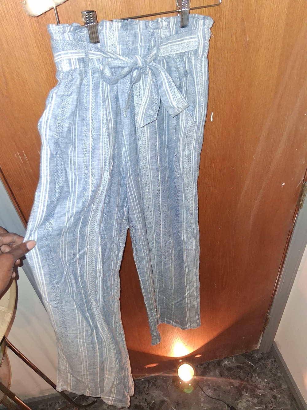 Guess Blue and White Striped Paperbag Waist Wide-Leg Pants